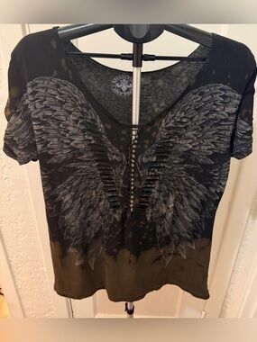 Affliction Black Wing Graphic Short Sleeve Tee with Ladder Back
